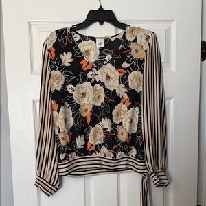 CAbi Black and Cream Floral Blouse with Orange Accents